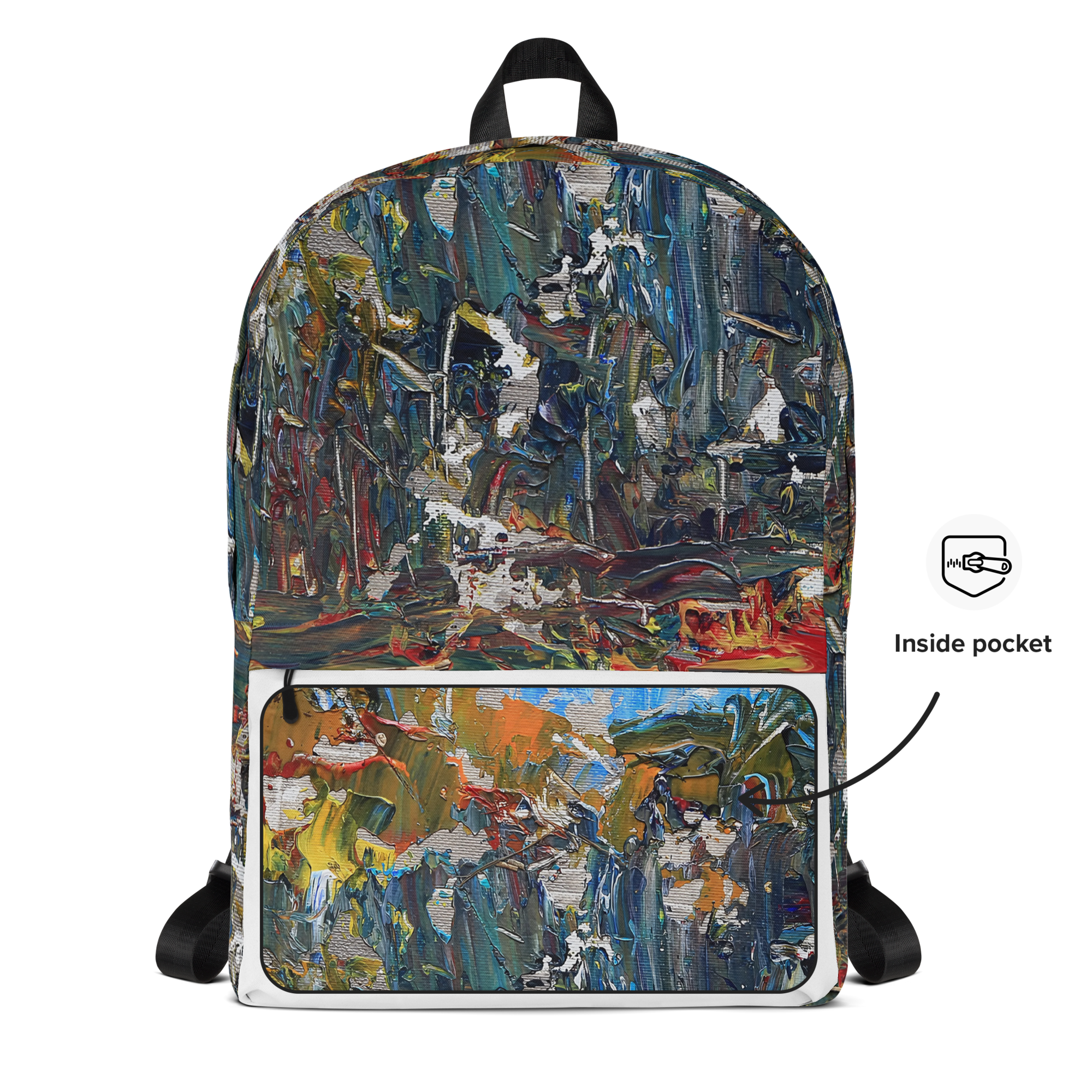 Medium-sized all-over print backpack with water-resistant polyester fabric, laptop compartment, and ergonomic padded straps.