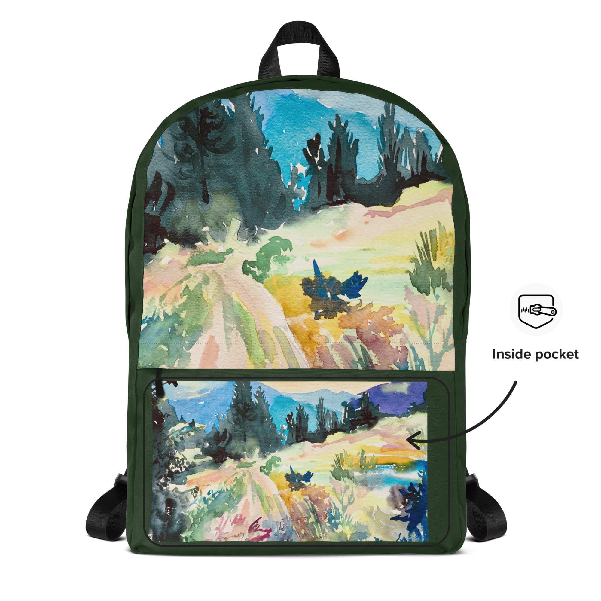 Medium-sized all-over print backpack with water-resistant polyester fabric, laptop compartment, and ergonomic padded straps.