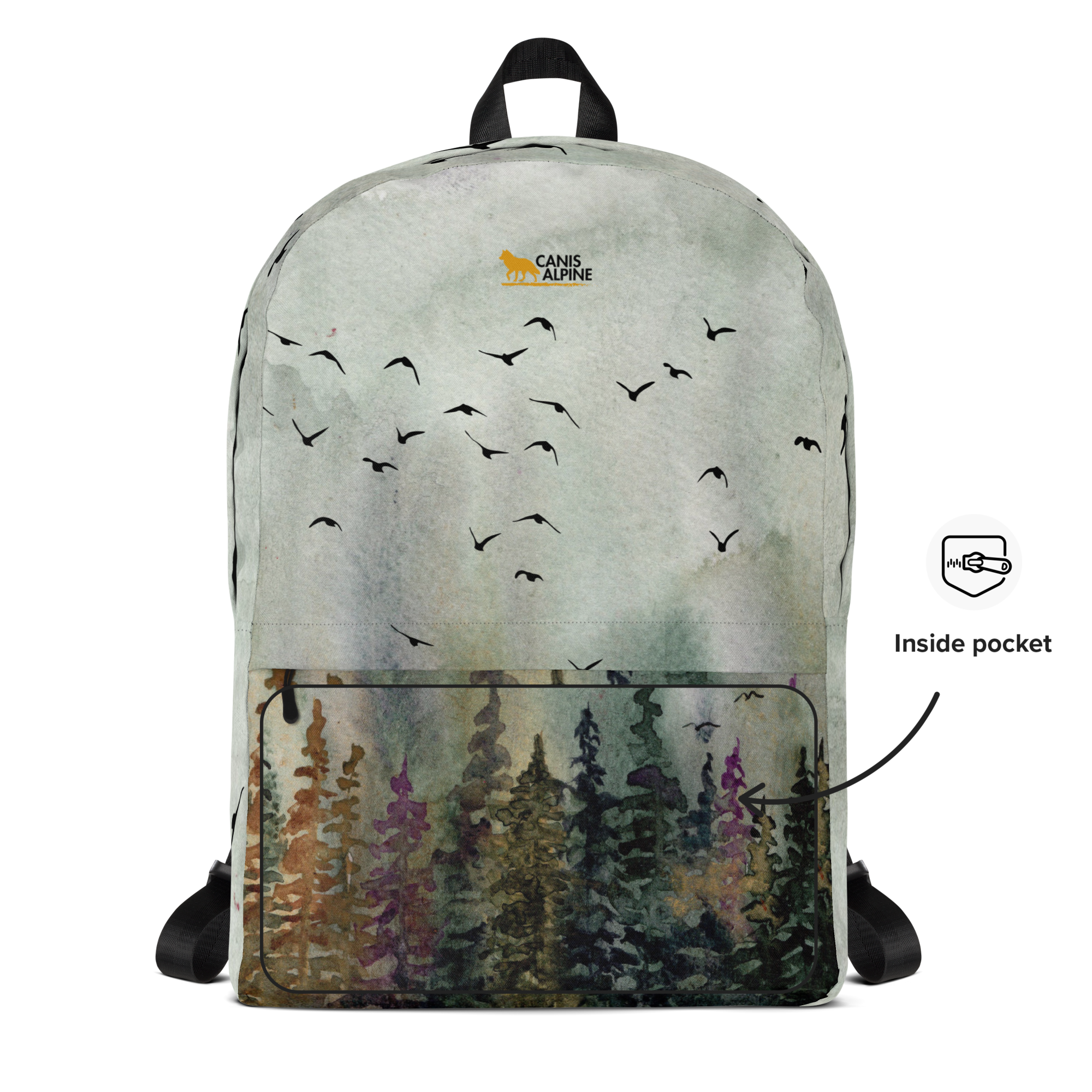 Medium-sized all-over print backpack with water-resistant polyester fabric, laptop compartment, and ergonomic padded straps.