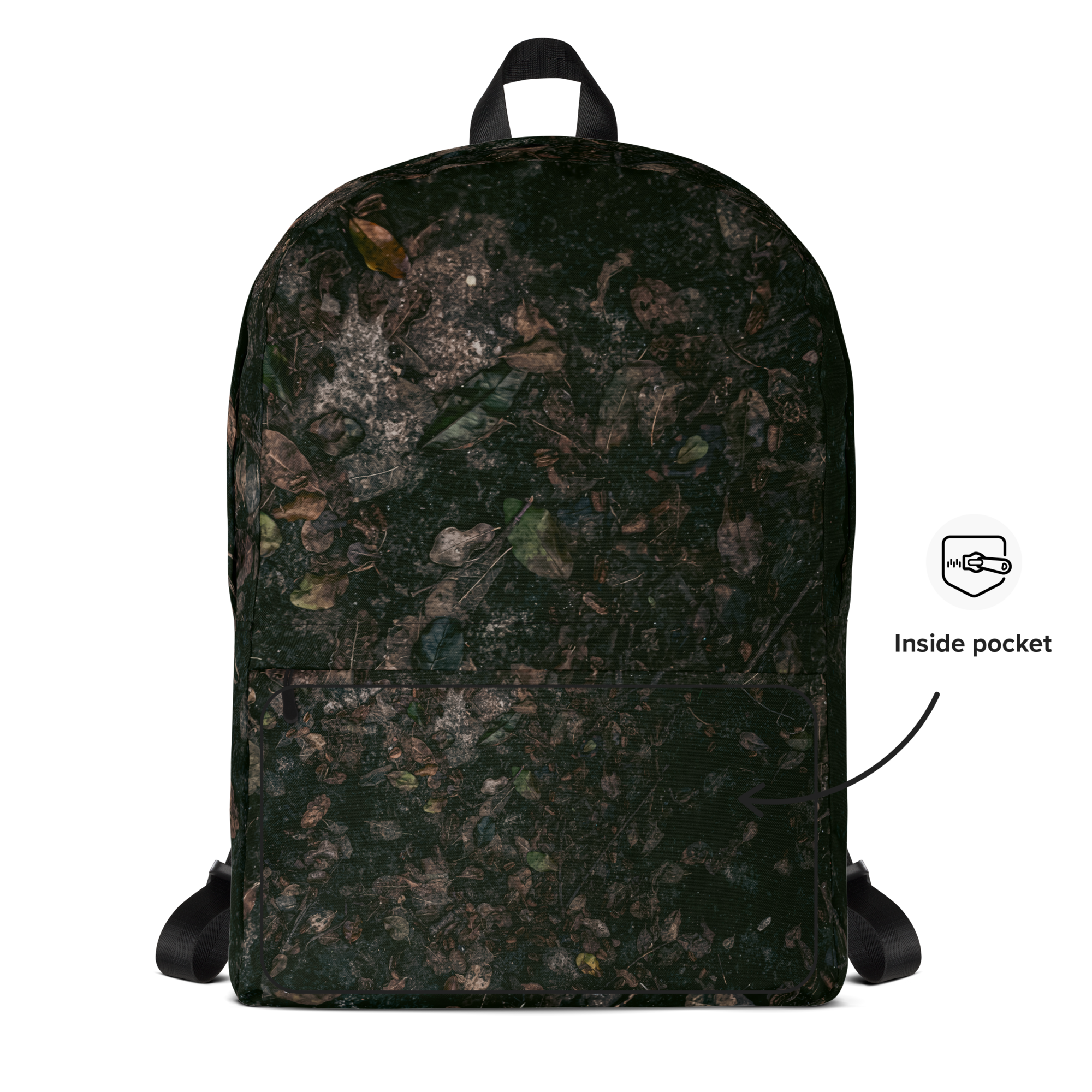 Medium-sized all-over print backpack with water-resistant polyester fabric, laptop compartment, and ergonomic padded straps.