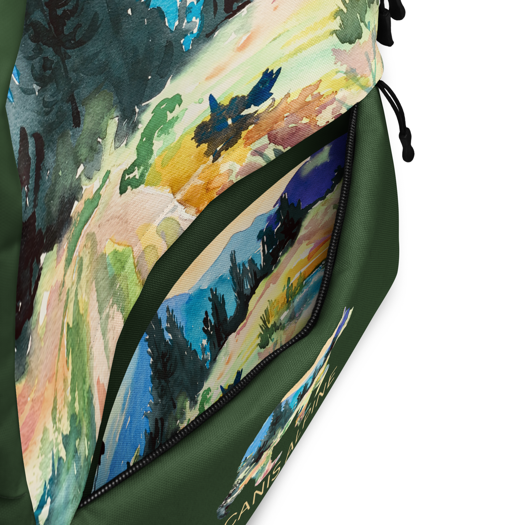 Medium-sized all-over print backpack with water-resistant polyester fabric, laptop compartment, and ergonomic padded straps.