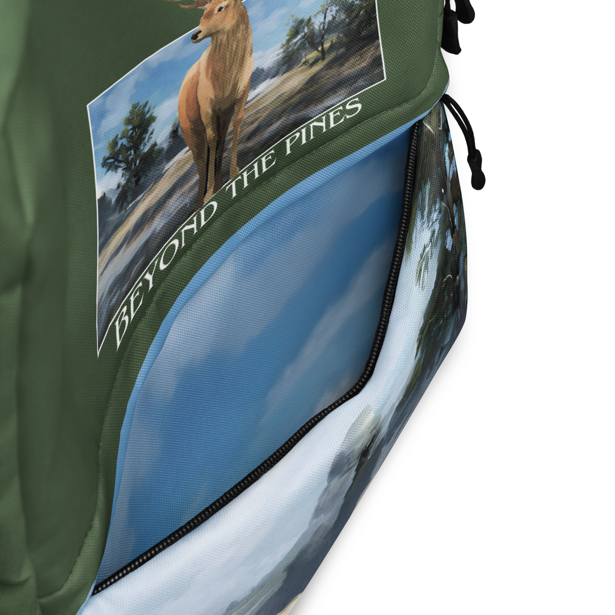 Medium-sized all-over print backpack with water-resistant polyester fabric, laptop compartment, and ergonomic padded straps.
