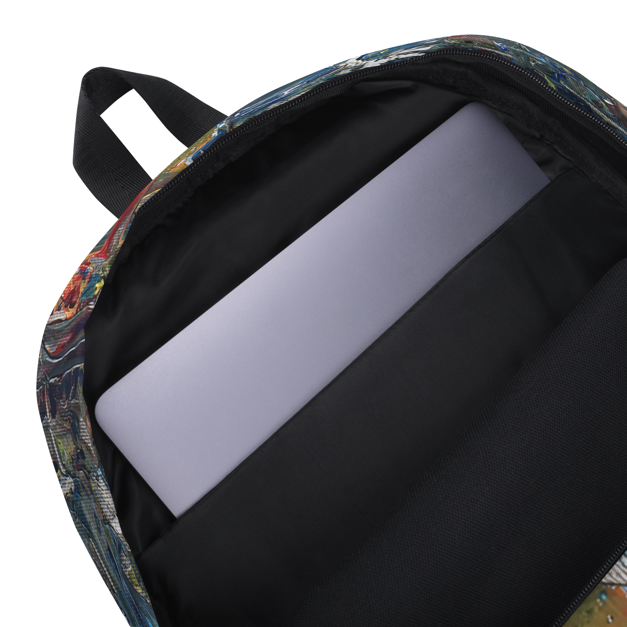 Medium-sized all-over print backpack with water-resistant polyester fabric, laptop compartment, and ergonomic padded straps.