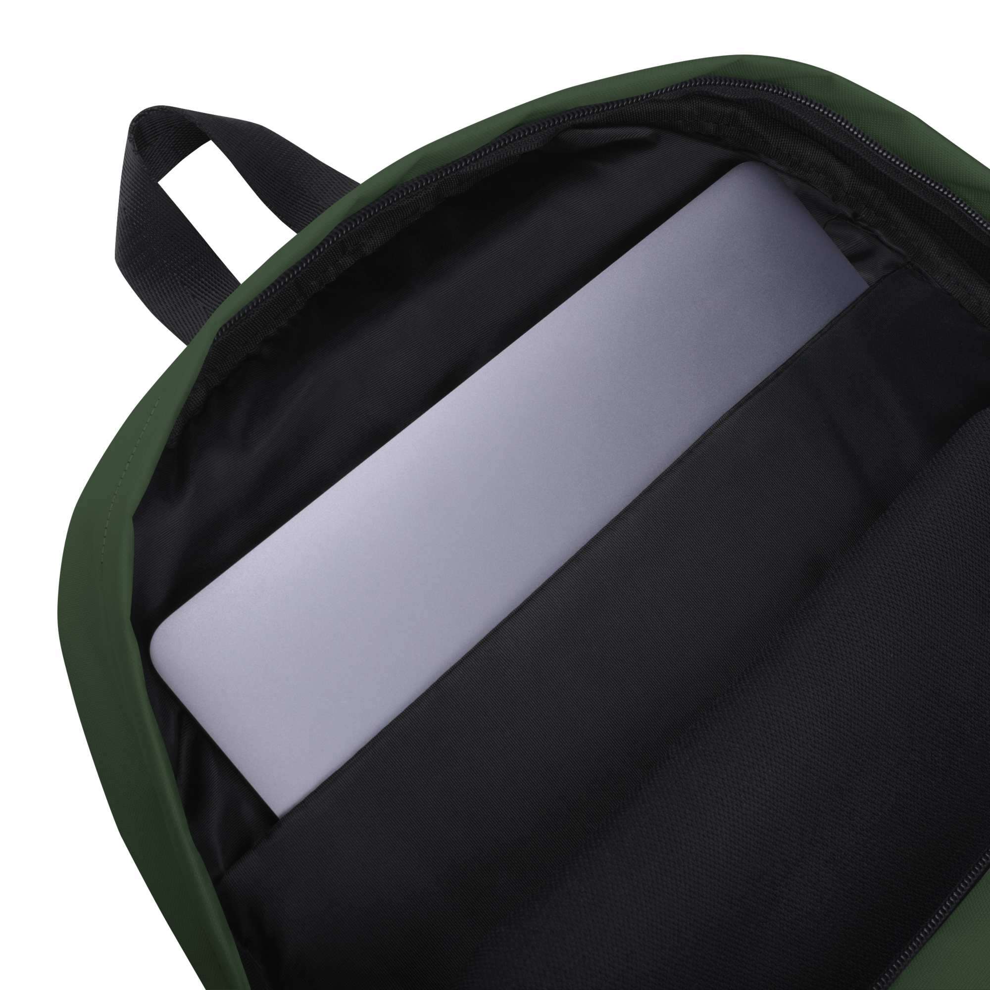 Medium-sized all-over print backpack with water-resistant polyester fabric, laptop compartment, and ergonomic padded straps.