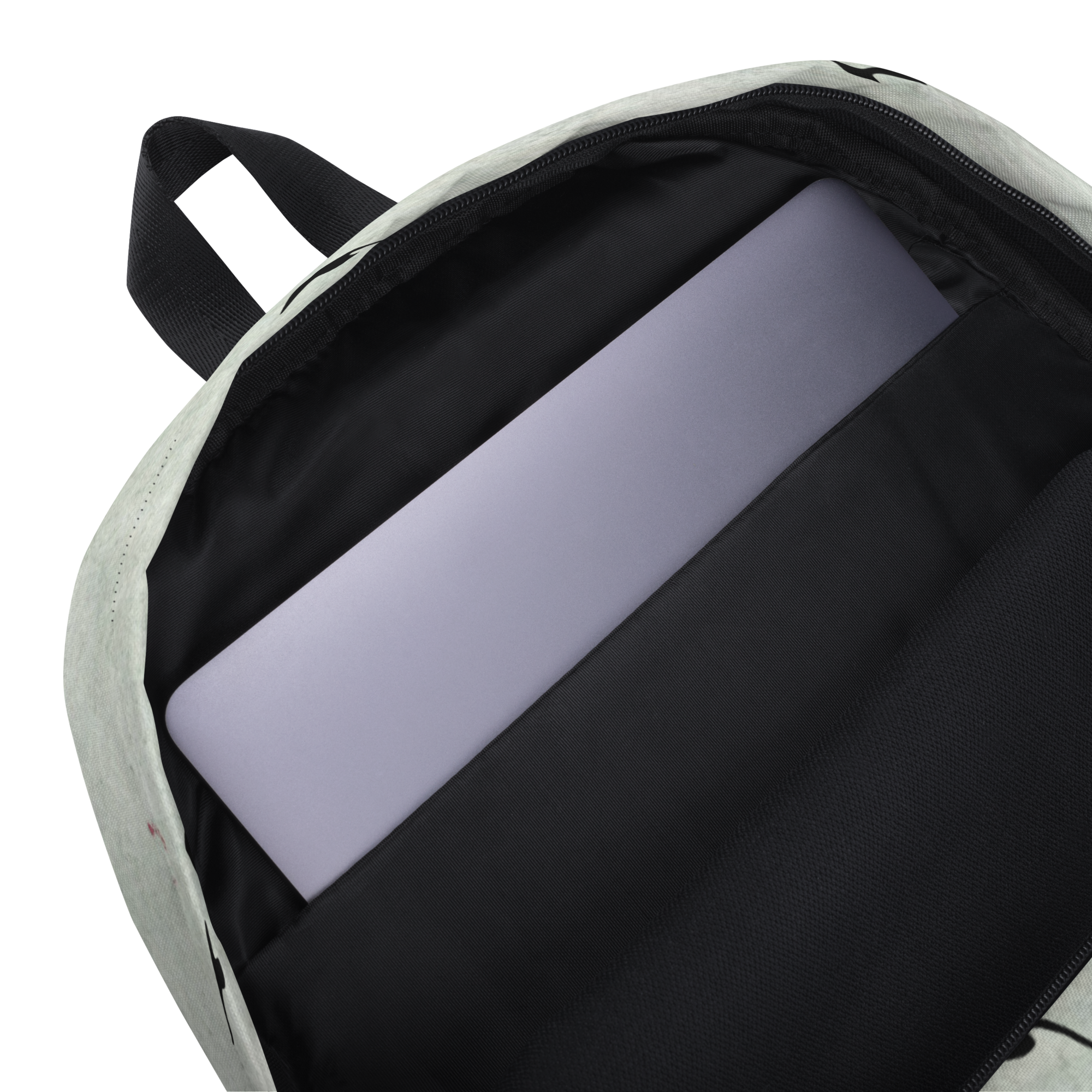 Medium-sized all-over print backpack with water-resistant polyester fabric, laptop compartment, and ergonomic padded straps.