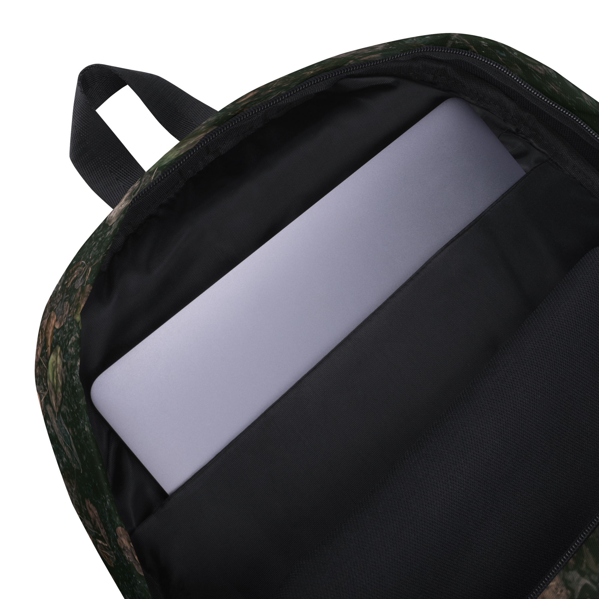 Medium-sized all-over print backpack with water-resistant polyester fabric, laptop compartment, and ergonomic padded straps.