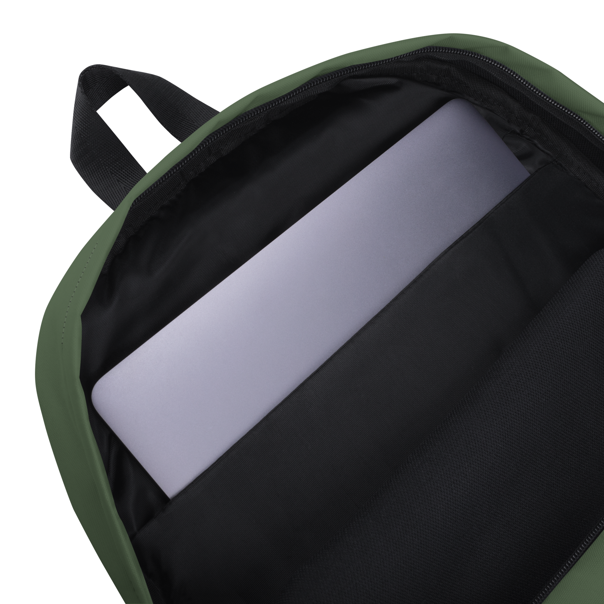 Medium-sized all-over print backpack with water-resistant polyester fabric, laptop compartment, and ergonomic padded straps.