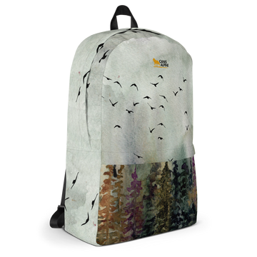 Medium-sized all-over print backpack with water-resistant polyester fabric, laptop compartment, and ergonomic padded straps.