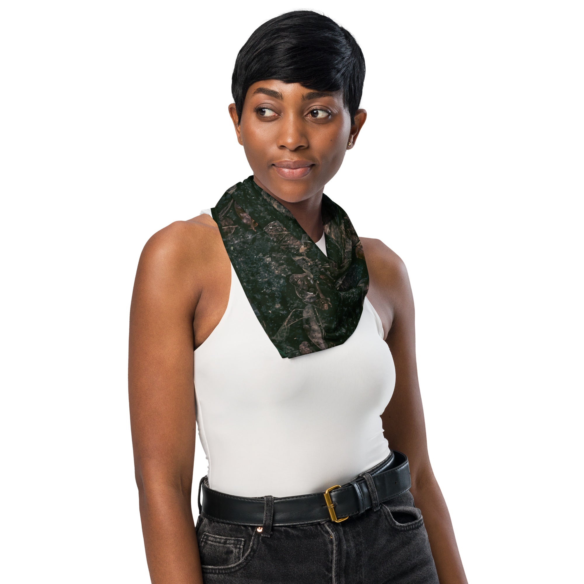 Camouflage print bandana made from lightweight, breathable recycled polyester with moisture-wicking fabric and UPF50+ protection.