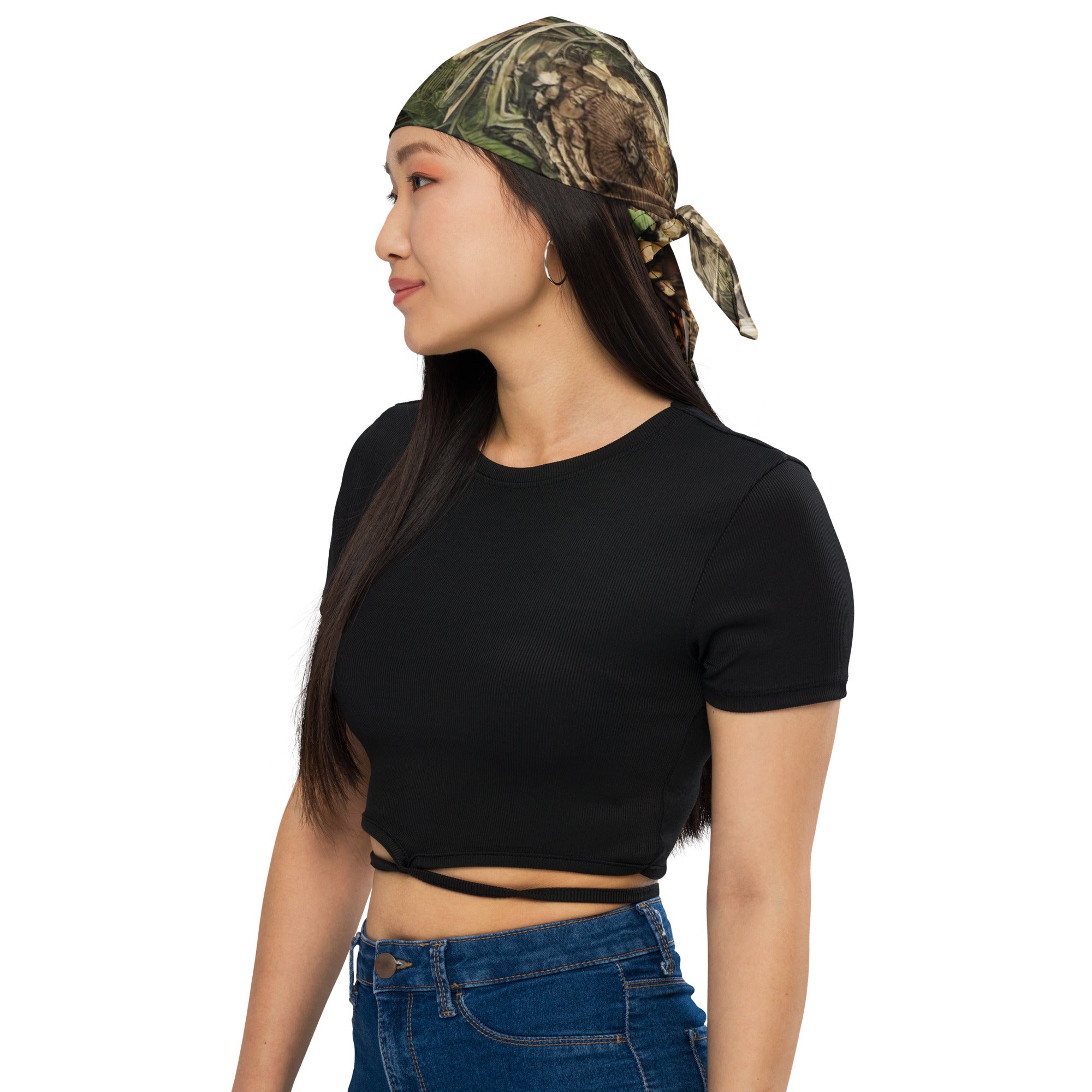 Camouflage print bandana made from lightweight, breathable recycled polyester with moisture-wicking fabric and UPF50+ protection.