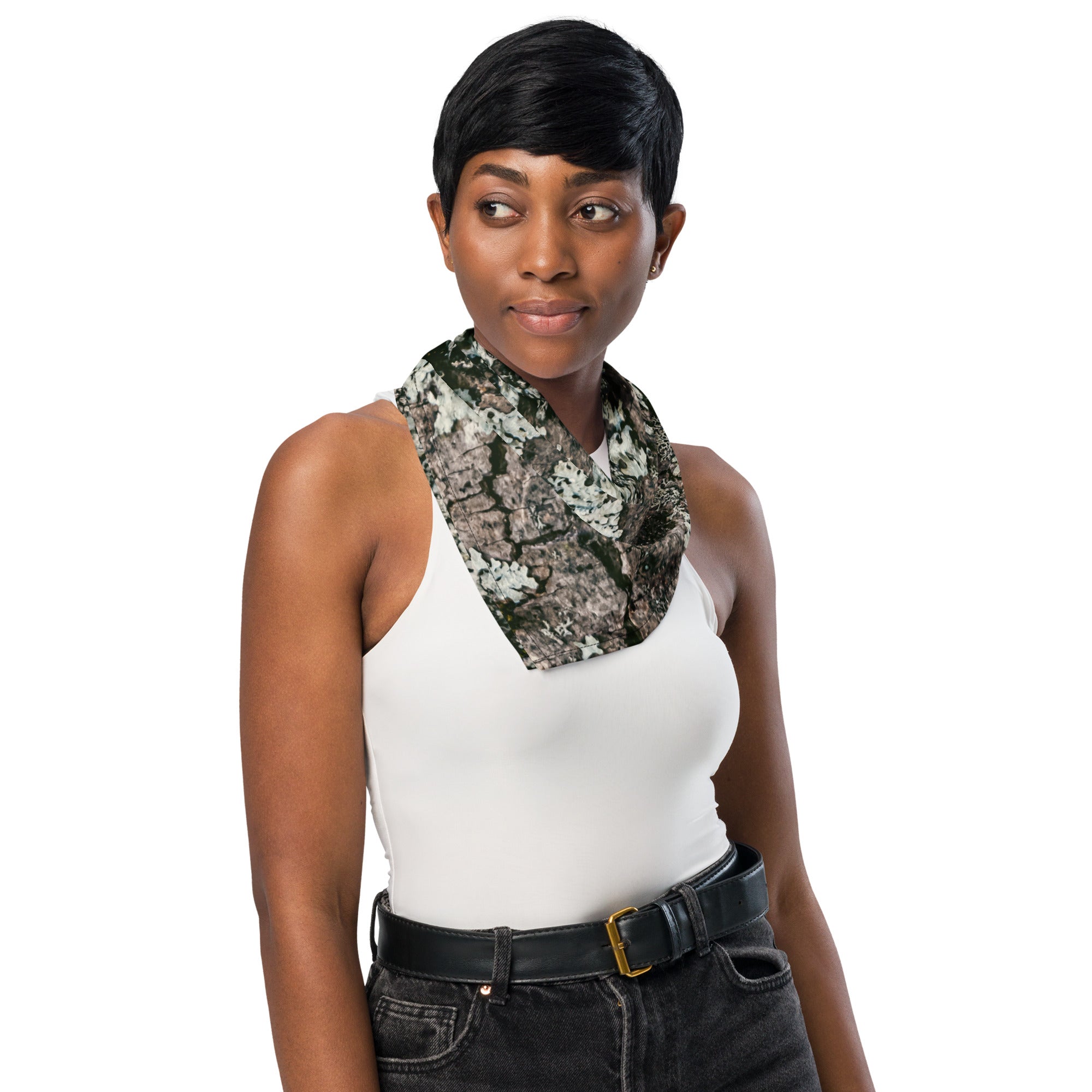 Camouflage print bandana made from lightweight, breathable recycled polyester with moisture-wicking fabric and UPF50+ protection.