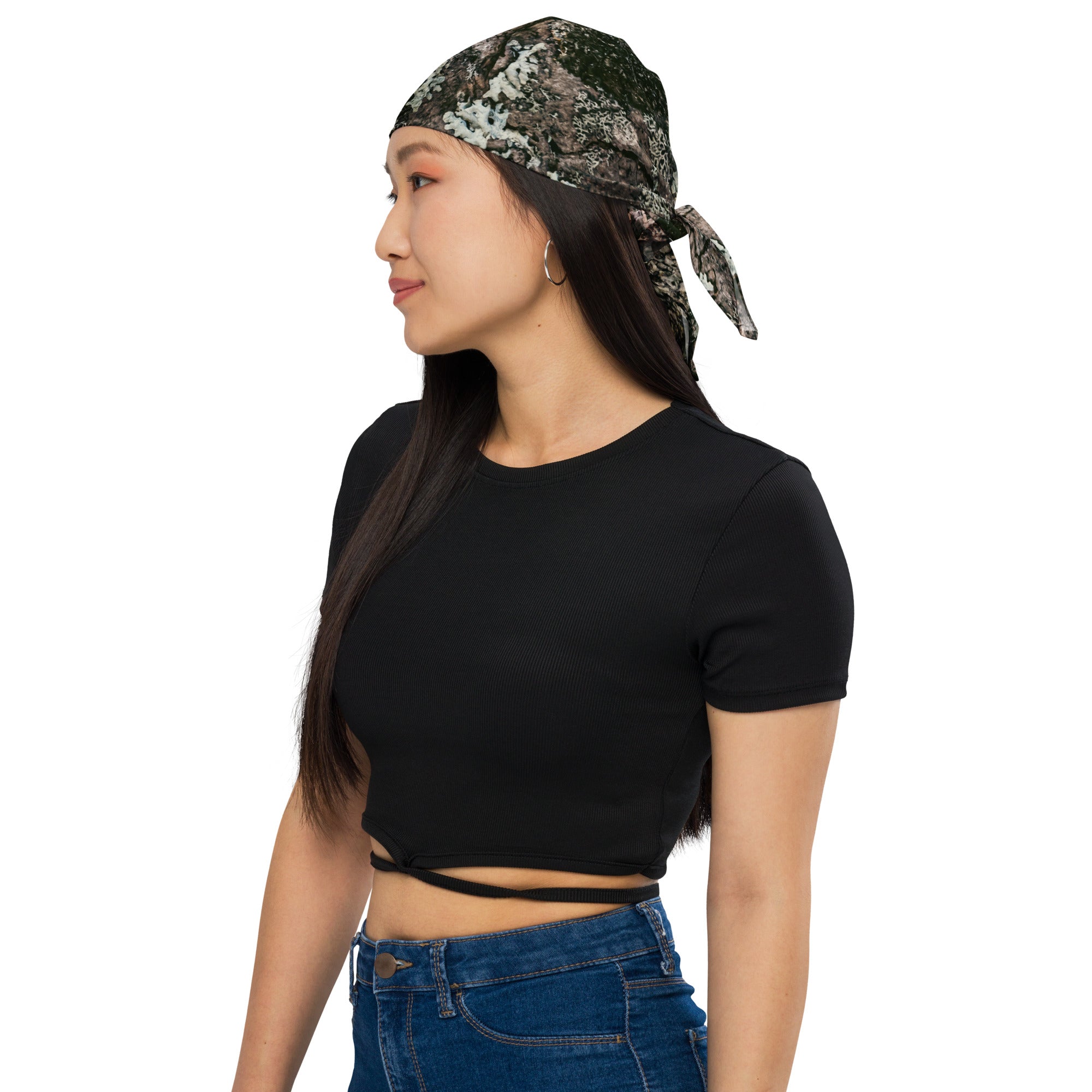 Camouflage print bandana made from lightweight, breathable recycled polyester with moisture-wicking fabric and UPF50+ protection.