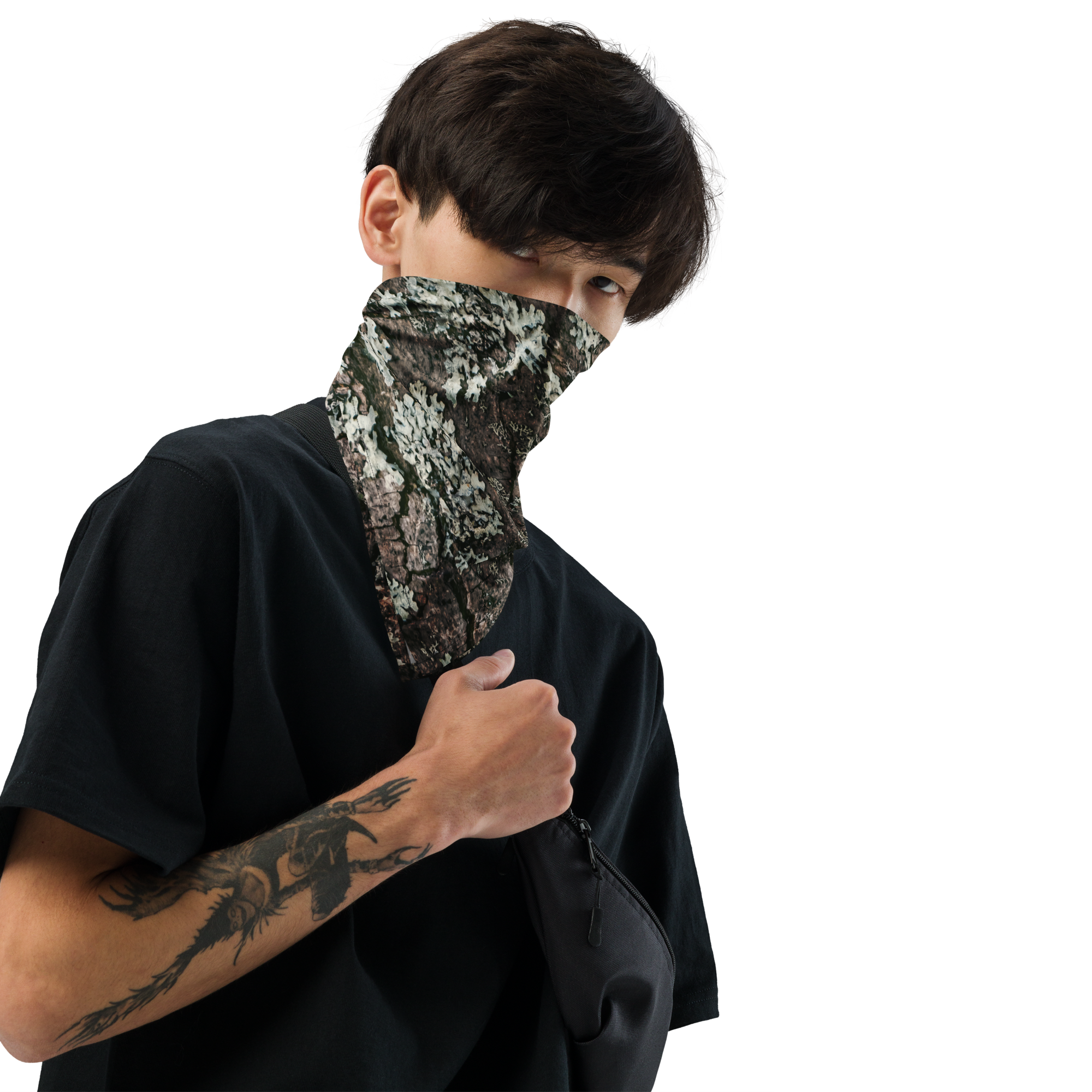 Camouflage print bandana made from lightweight, breathable recycled polyester with moisture-wicking fabric and UPF50+ protection.