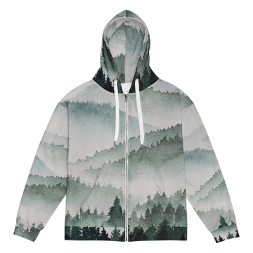 nisex zip hoodie with a watercolor alpine forest print, made from 95% recycled polyester with a soft cotton-feel exterior, brushed fleece lining, and a relaxed fit.