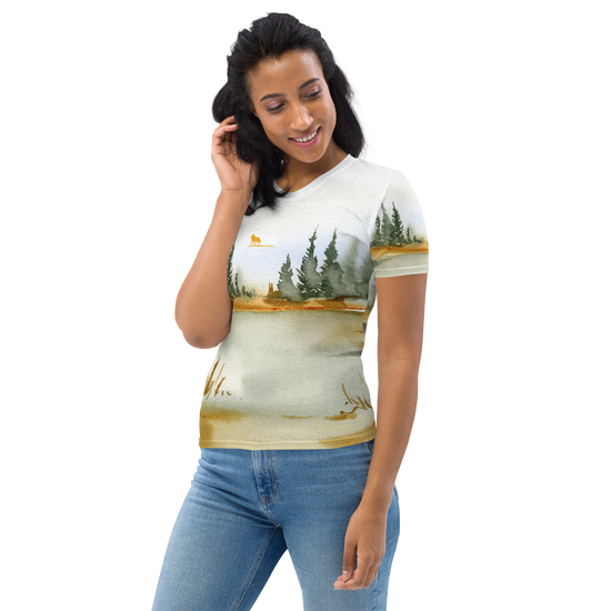 woman with nature inspired t-shirt view from the side