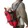 a picture of a human with a dog carrier backpack in red with a french bulldog inside