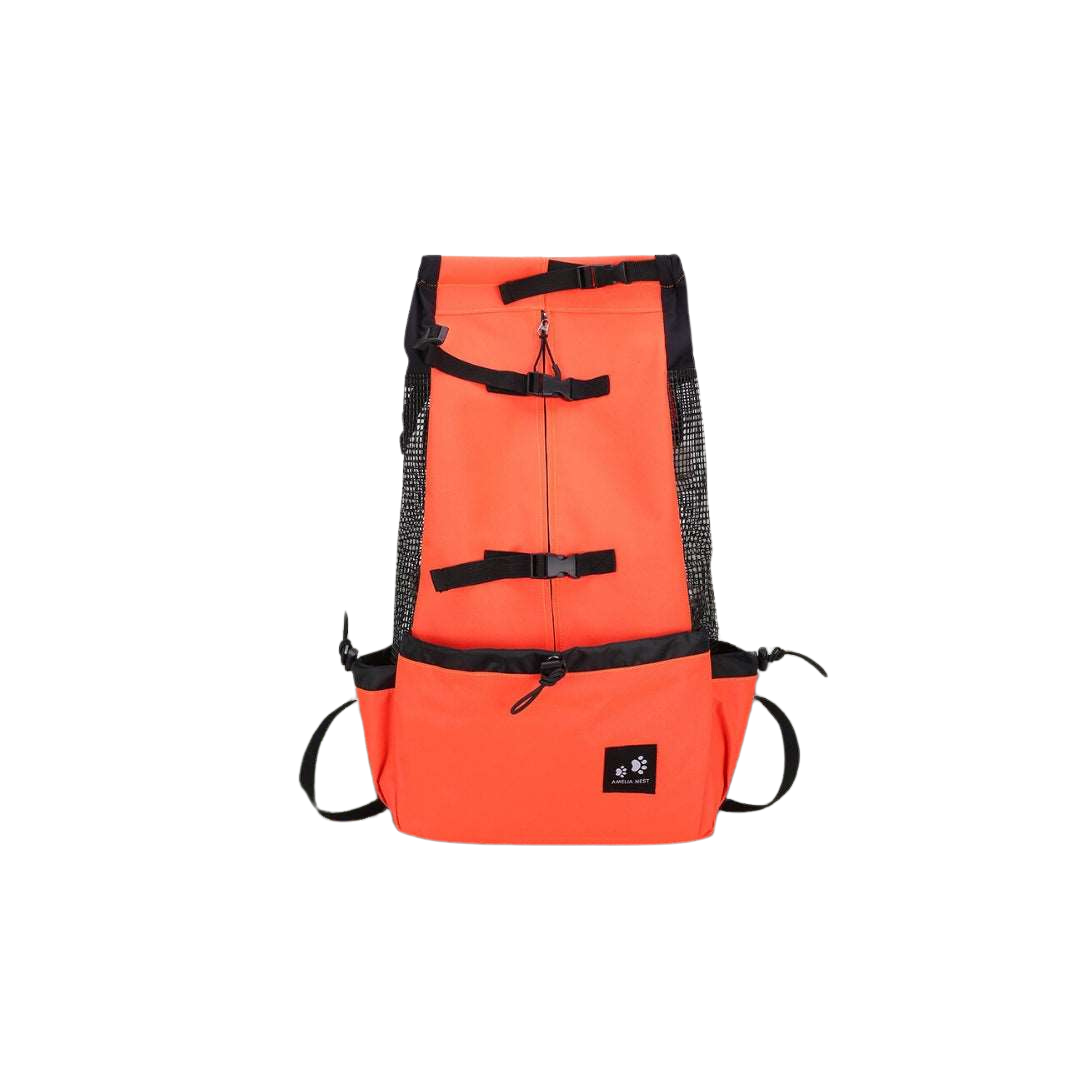 a front picture of a orange dog carrier backpack